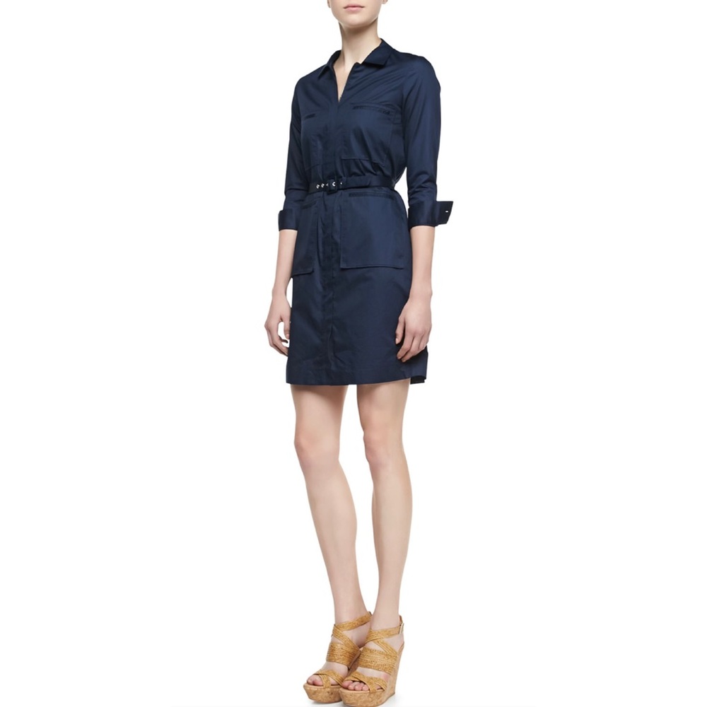 Theory Genla Taranto Belted Shirt Dress Long Sleeve Navy Blue Pockets Sz 8 $355